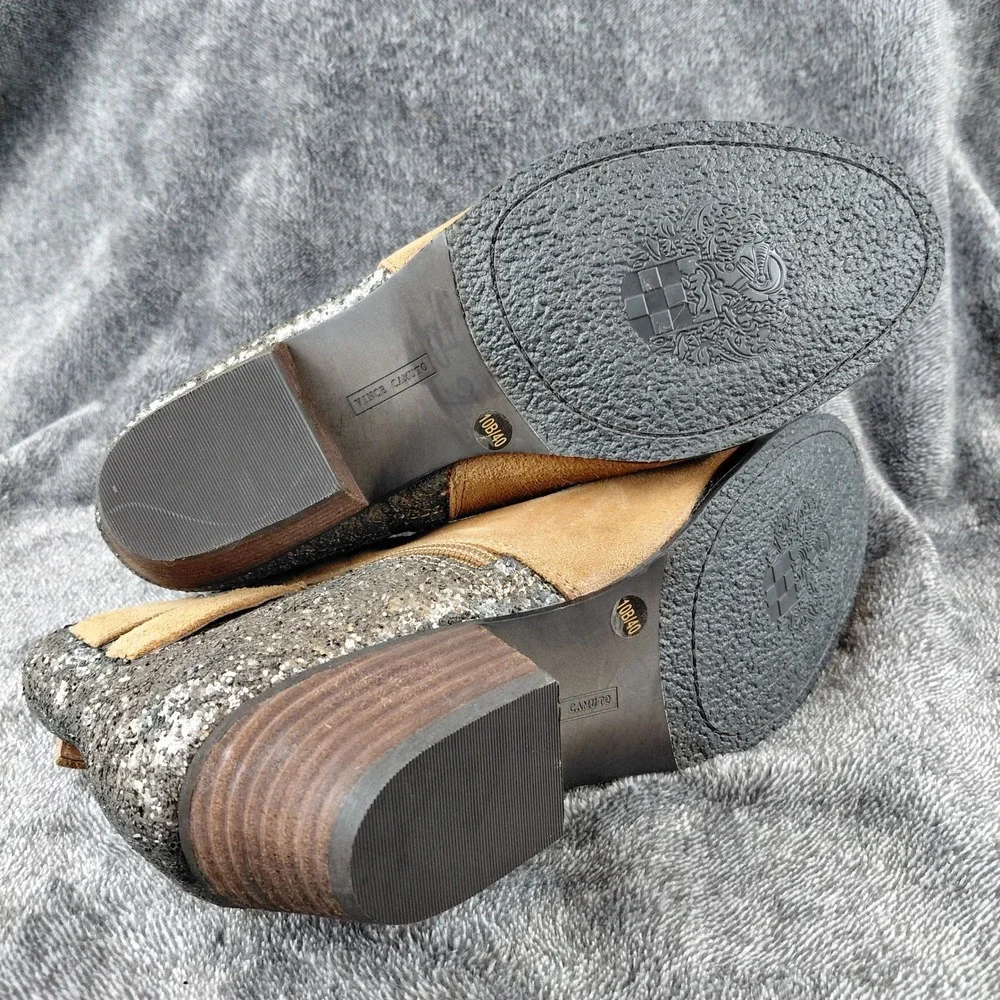 Vince Camuto Tan Suede Glitter Ankle Boots Side Zip Buckle Detail‎ Women's 10B